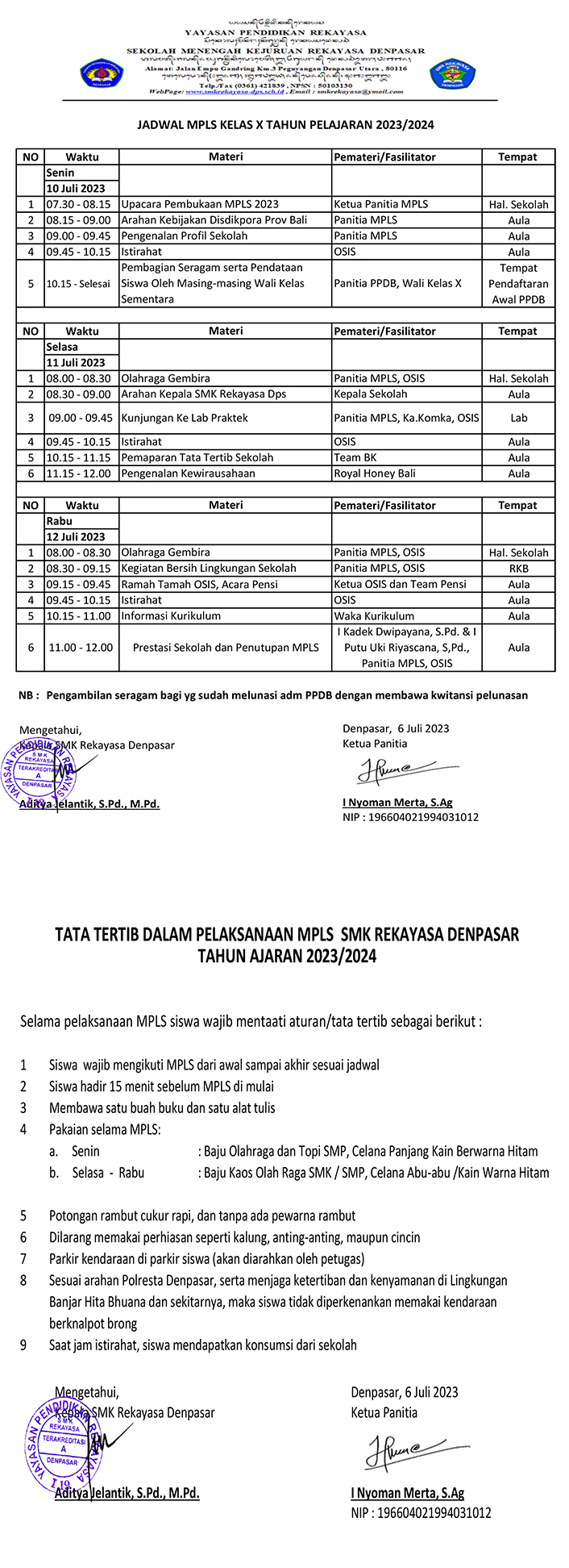 Jadwal MPLS SMK REKAYASA DENPASAR Tahun Pelajaran 2023 / 2024